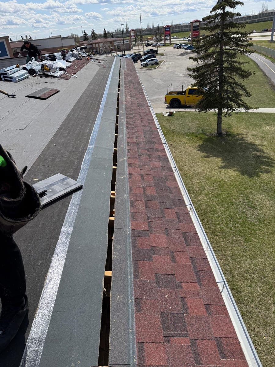 Ridge opened for ventilation on a commercial shingle roof