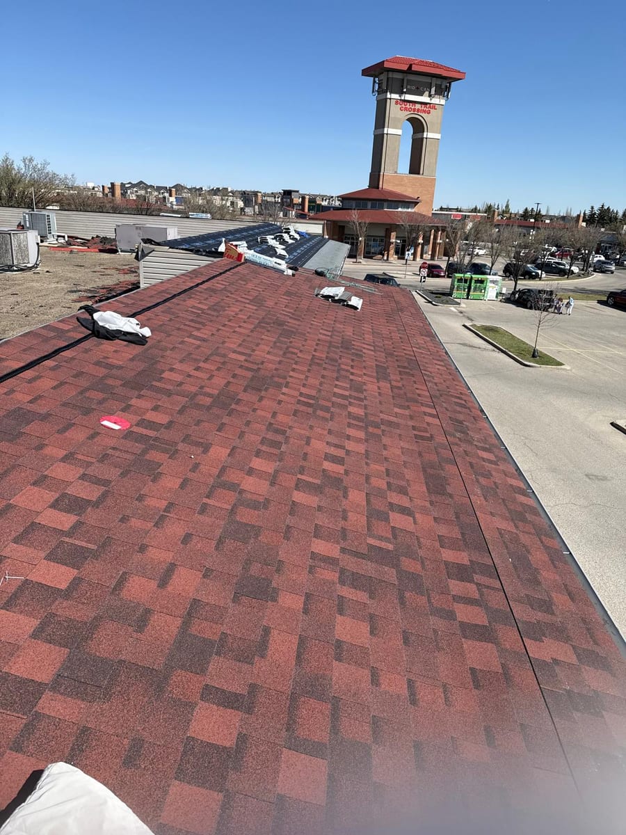 Completed shingle roof replacement on a Calgary strip mall