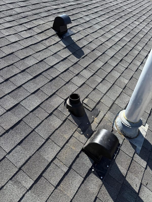 New exhaust vent hoods and a plumbing boot on a shingle roof