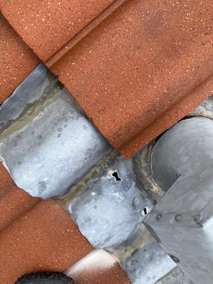 Rusted-through vent flashing letting water past on a Calgary roof